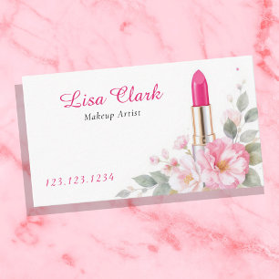 Carte De Visite Rouge à Lèvres Fleuris Rose Pâle Aquarelle Maquill