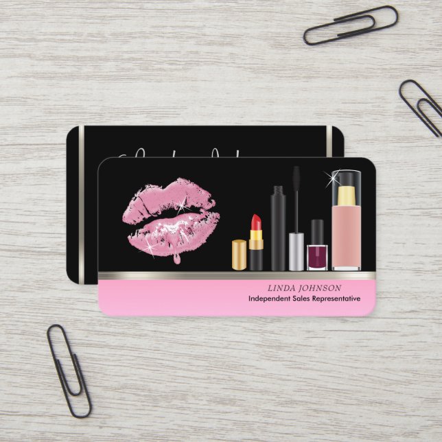 Carte De Visite Rouge à lèvres rose et maquillage (Devant/Arrière en situation)