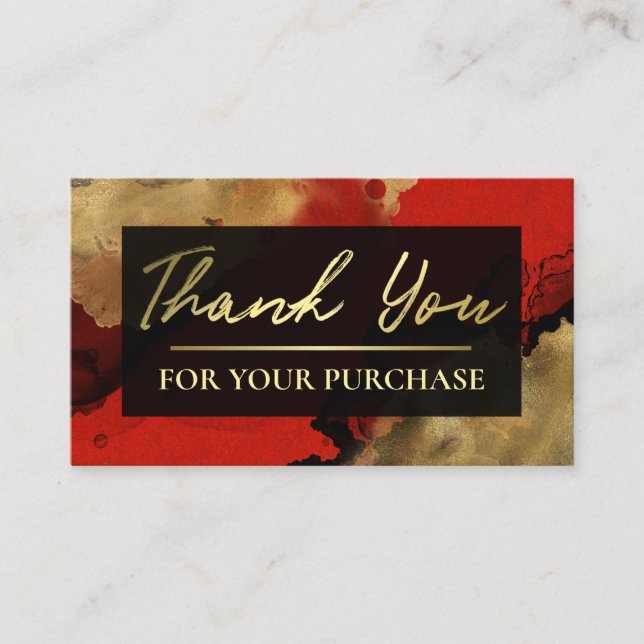 Carte De Visite Rouge Avec Merci D'Encre D'Or Pour Votre Achat (Devant)