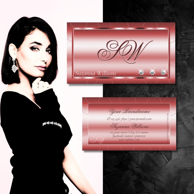 Carte De Visite Rouge chatoyant de luxe avec diamants et monogramm (Créateur téléchargé)