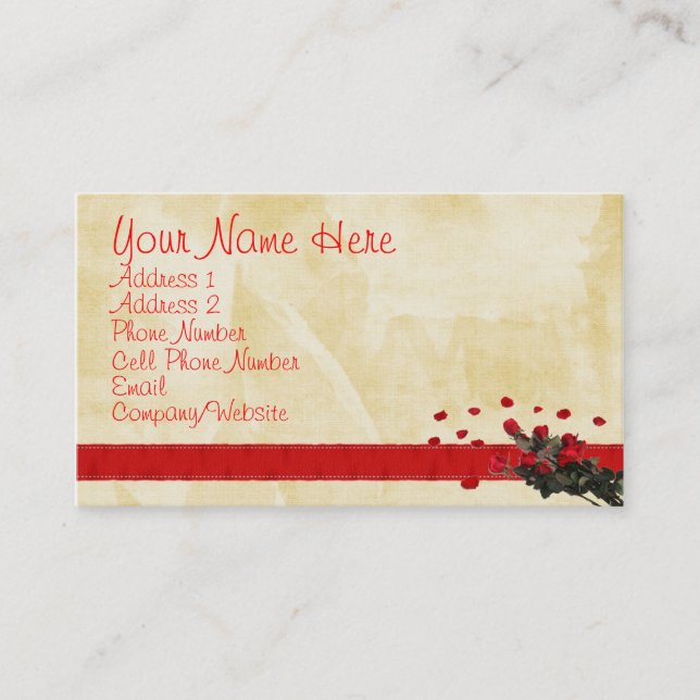 Carte de visite rouge de ruban et de roses (Devant)