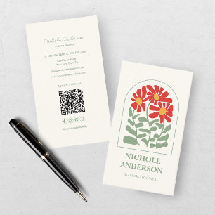 Carte De Visite Rouge et Vert Floral Rétro