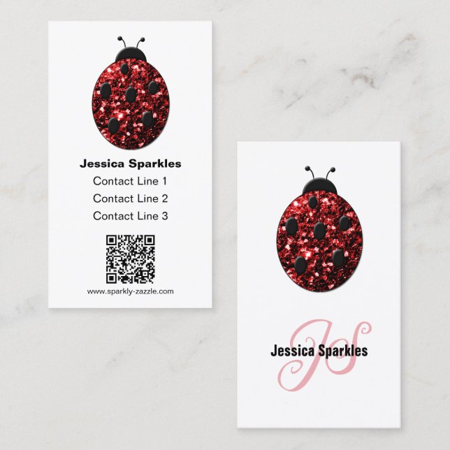 Carte De Visite Rouge étincelles Ladybug QR code Monogramme blanc  (Devant / Derrière)