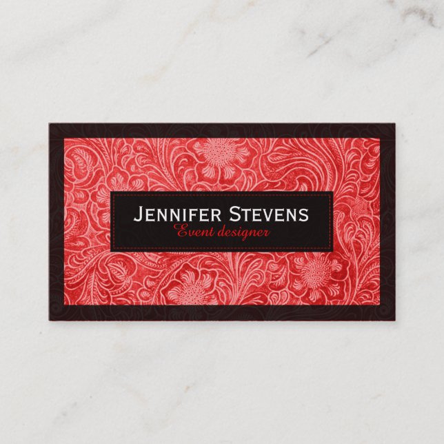 Carte De Visite Rouge Faux Suede Cuir Design Floral (Devant)
