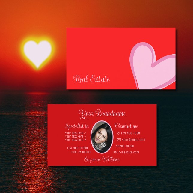 Carte De Visite Rouge magnifique Coeur rose moderne avec photo mig (Créateur téléchargé)
