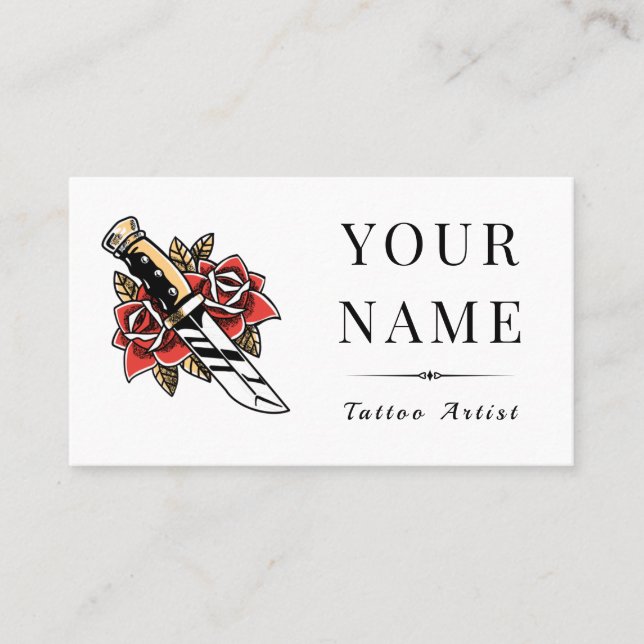 Carte De Visite Rouge Roses & Tatouage Sward Artiste Salon Moderne (Devant)