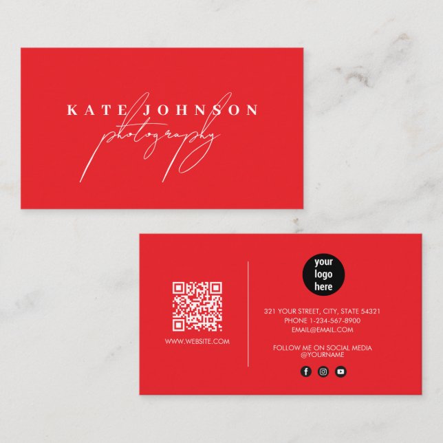 Carte De Visite Rouge Signature Script QR Code Médias sociaux (Devant / Derrière)
