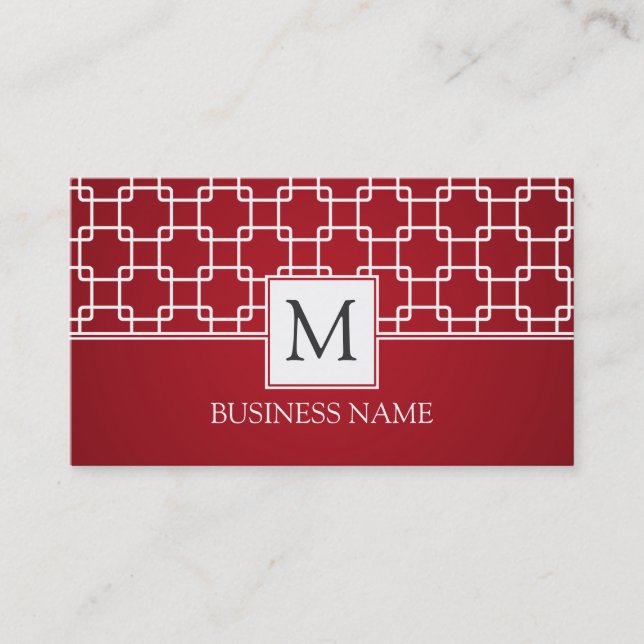 Carte De Visite Rouge simple de monogramme de motif de treillis (Devant)
