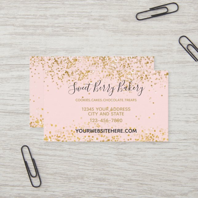 Carte De Visite Rougissent l'étincelle rose de confettis d'or (Devant/Arrière en situation)