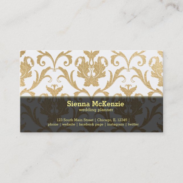 Carte De Visite Rouleau d'or mariage damassé planner (Devant)