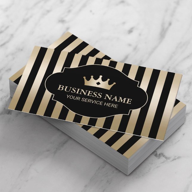 Carte De Visite Royal Crown Modern Gold Stripes Luxe Noir (Créateur téléchargé)