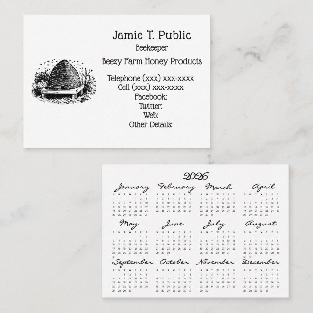 Carte De Visite Ruche et abeilles et calendrier 2026 (Devant / Derrière)