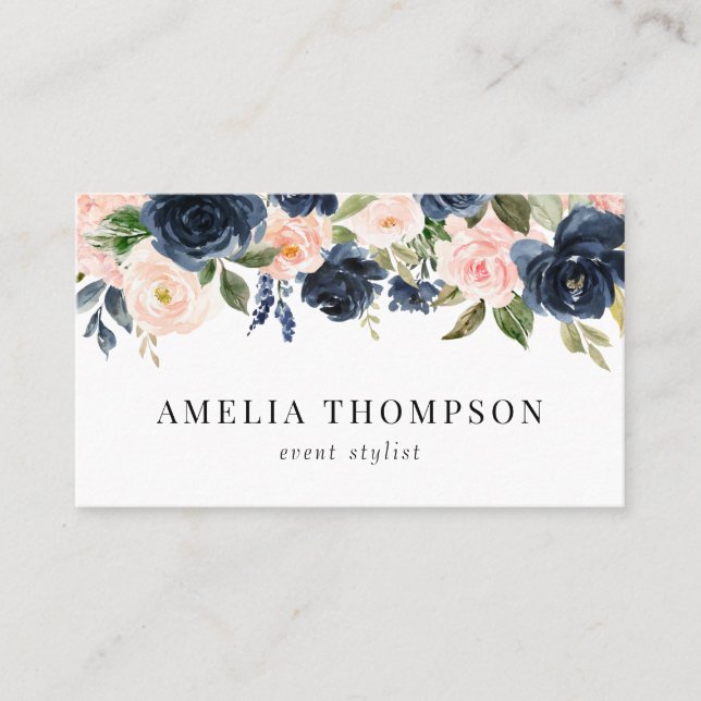 Carte De Visite Russe Marine Bleu et Blush Rose Floral Garland (Devant)