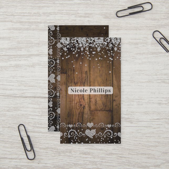 Carte De Visite Rustic Country Grange Bois Glam Diamants Étincelle (Devant/Arrière en situation)