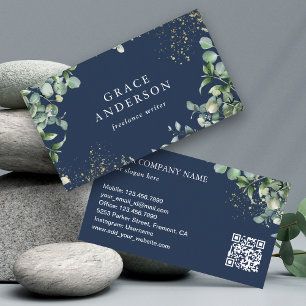 Carte De Visite Rustic Green Gold Navy Blue Eucalyptus QR Code