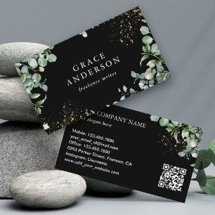 Carte De Visite Rustic Green Gold Navy Blue Eucalyptus QR Code