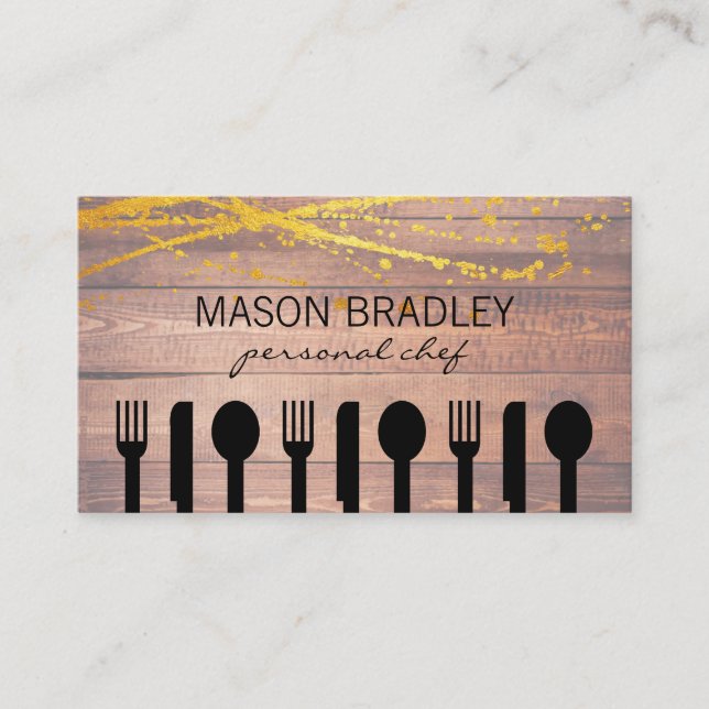 Carte De Visite Rustic Wood Chef exécutif Silverware (Devant)