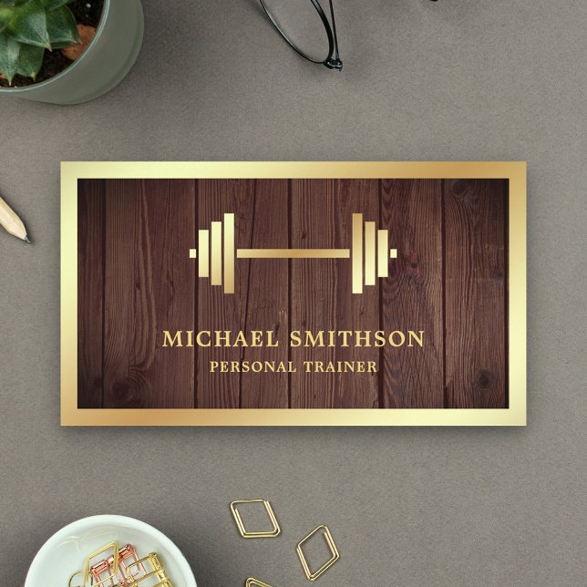 Carte De Visite Rustic Wood Gold Dumbbell Fitness Personal Trainer (Créateur téléchargé)