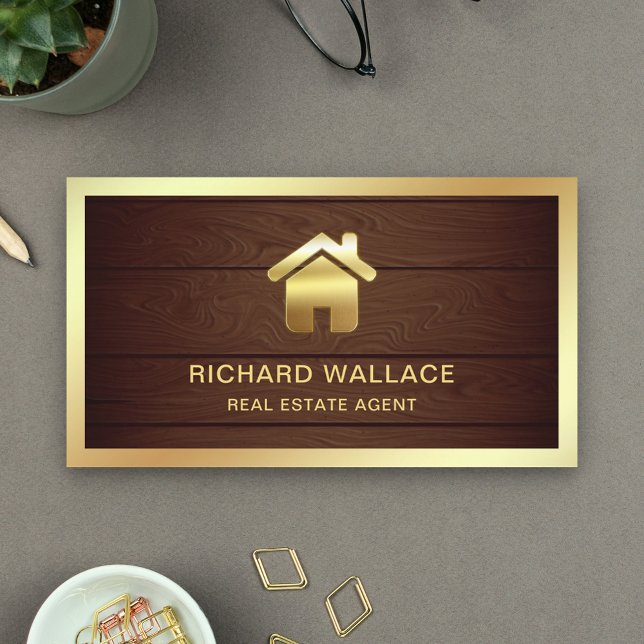 Carte De Visite Rustic Wood Gold Foil Home Logo Agent immobilier (Créateur téléchargé)