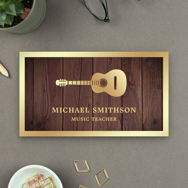 Carte De Visite Rustic Wood Gold Guitare Musique enseignant Guitar (Créateur téléchargé)
