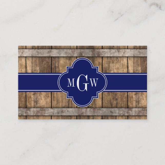 Carte De Visite Rustic Wood Metal Band Navy Quatrefoil 3 monogram (Devant)