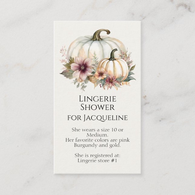 Carte De Visite Rustique Automne Blanc Citrouille Floral Lingerie  (Devant)