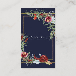 Carte De Visite Rustique automne Marsala Floral Bleu marine Chic É