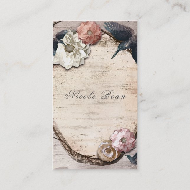 Carte De Visite Rustique Blanc Birch Floral & Hummingbird Élégant (Devant)