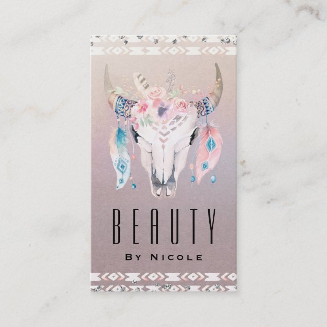 Carte De Visite Rustique Glam Boho Floral Vache Crâne Pays Chic (Devant)