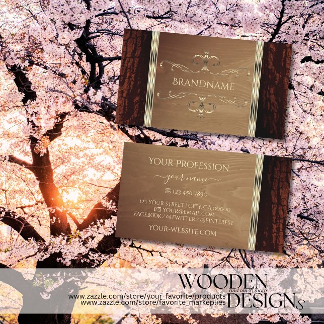 Carte De Visite Rustique Nature Arbre Barre Bois Grain Or Frontièr (Créateur téléchargé)