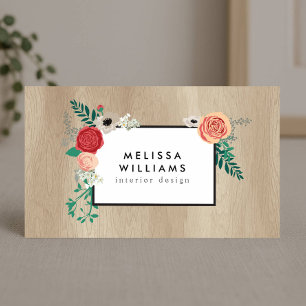 Carte De Visite Rustique Vintage Floral Motif Tan Woodgrain