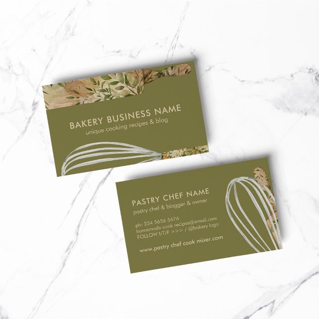 Carte De Visite Sage Beige Chef Cuisinier Fabriquant De Gâteaux Ro (BAKERY PASTRY CHEF COOK CAKE event planner business)
