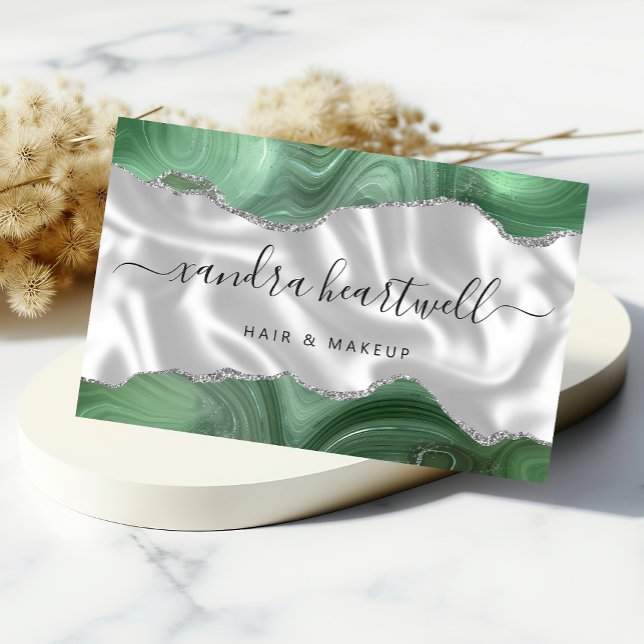 Carte De Visite Sage Green Agate Parties scintillant Argent Luxe (Créateur téléchargé)