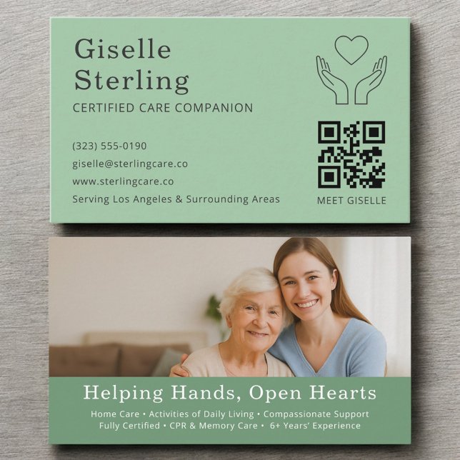 Carte De Visite Sage Green Caregider Home Help QR Code Photo (Créateur téléchargé)