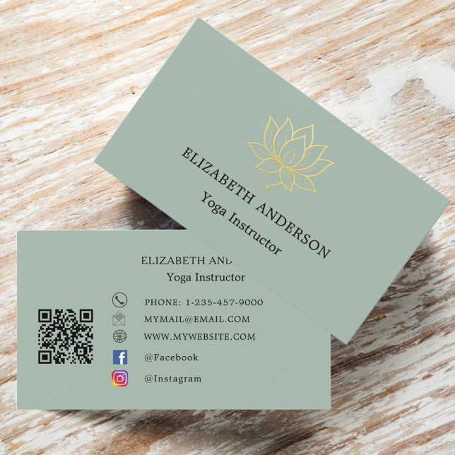 Carte De Visite Sage green gold lotus flower Yoga Instructor (Créateur téléchargé)