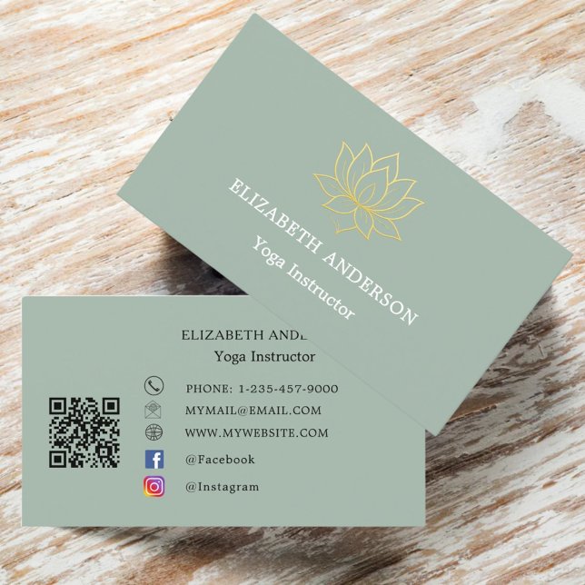 Carte De Visite Sage green gold lotus flower Yoga Instructor (Créateur téléchargé)