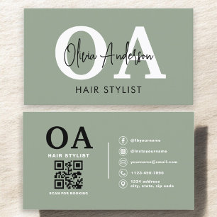 Carte De Visite Sage Green Hair Styliste QR Code Monogramme