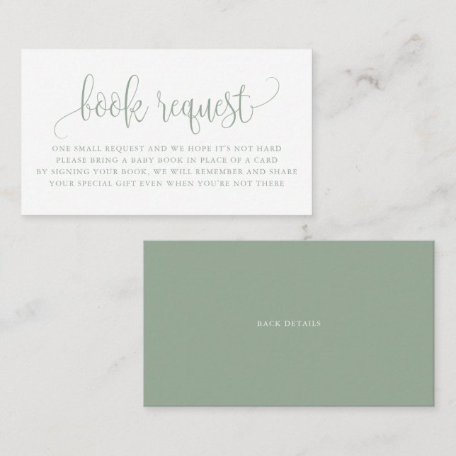 Carte De Visite Sage Green Joli Script Baby shower Demande de carn (Devant / Derrière)
