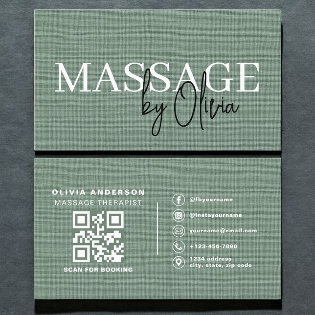 Carte De Visite Sage Green Linen Massage Therapist QR Code  (Créateur téléchargé)