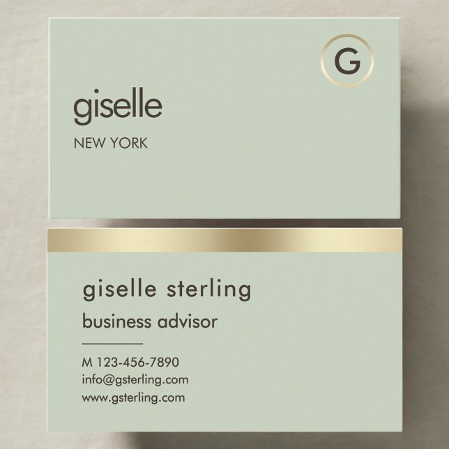 Carte De Visite Sage Green Luxe Faux Gold Foil Monogramme (Créateur téléchargé)