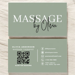 Carte De Visite Sage Green Massage Therapist QR Code