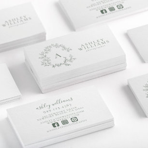 Carte De Visite Sage Green Monogramme Floral Crest Professionnel