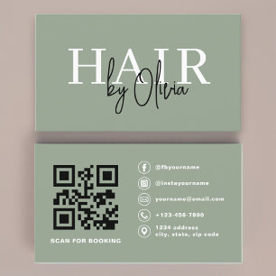 Carte De Visite Sage Green QR Code Hair Stylliste Typographie mode