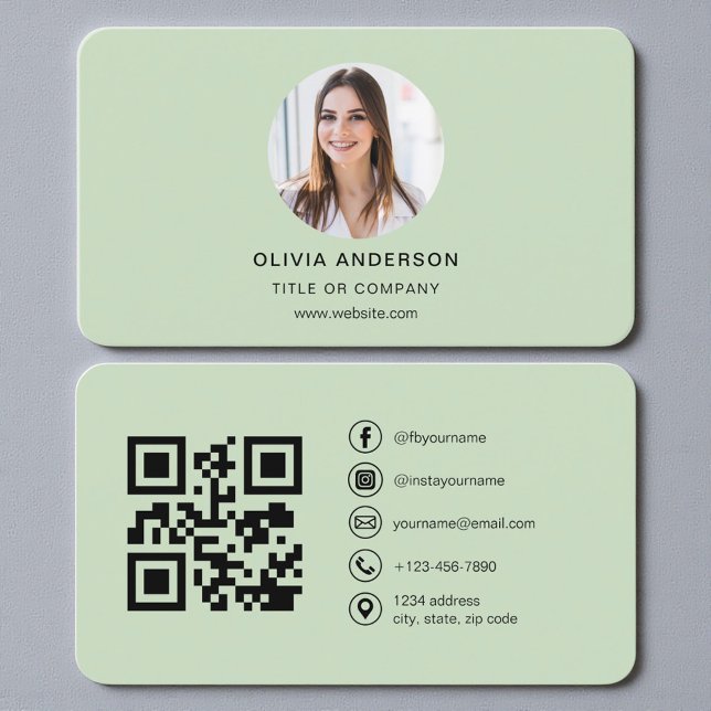 Carte De Visite Sage Green QR Code Photo (Créateur téléchargé)