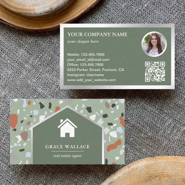 Carte De Visite Sage moderne Terrazzo Immobilier Photo QR Code (Créateur téléchargé)