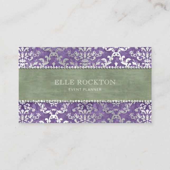 Carte De Visite Sage Purple Glimmer Damask Argent (Devant)