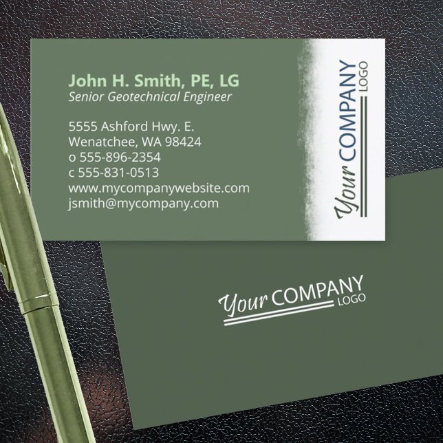 Carte De Visite Sage vert, Brossé blanc avec logo vertical (olive green, sage green business card with vertical logo)