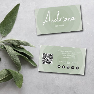 Carte De Visite Sage vert minimaliste Cercle dégradé QR Code