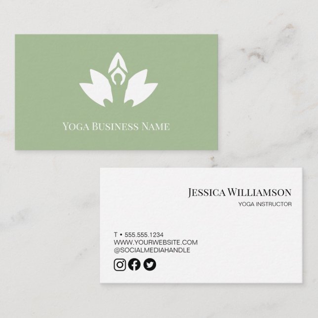 Carte De Visite Sage vert Yoga Lotus Flower personnalisable (Devant / Derrière)