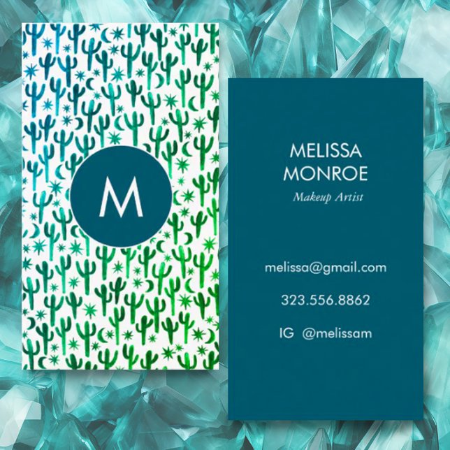 Carte De Visite Saguaro Cactus Moon Stars Motif Élégantes INITIALE (Custom monogram business card with watercolor cactus pattern.)